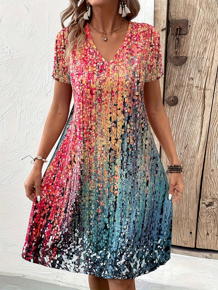 Women's Multicolor V Neck Short Sleeves Summer Dress | Mini