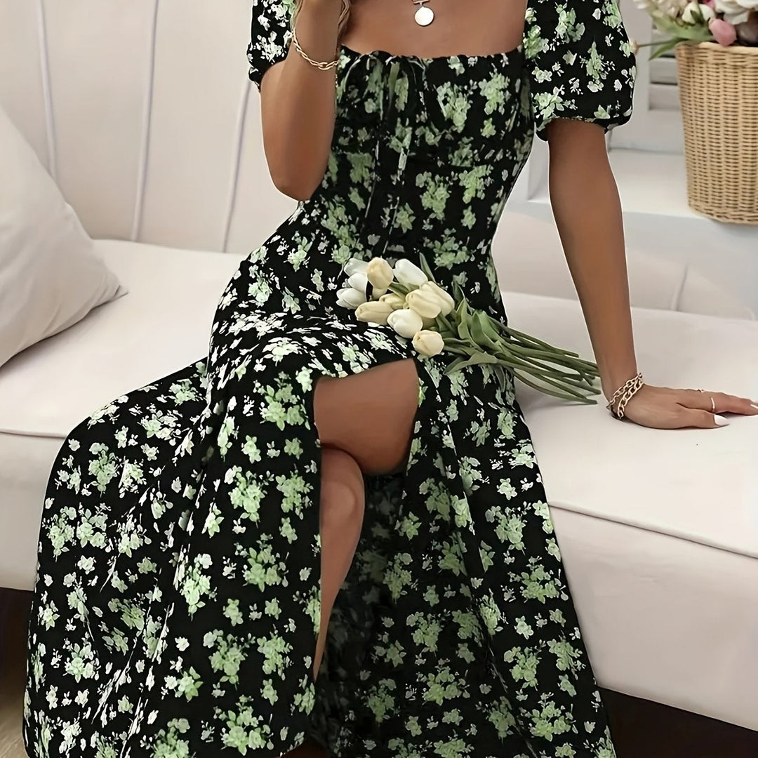 Women's Square Neck Floral Printed High Slit Dress