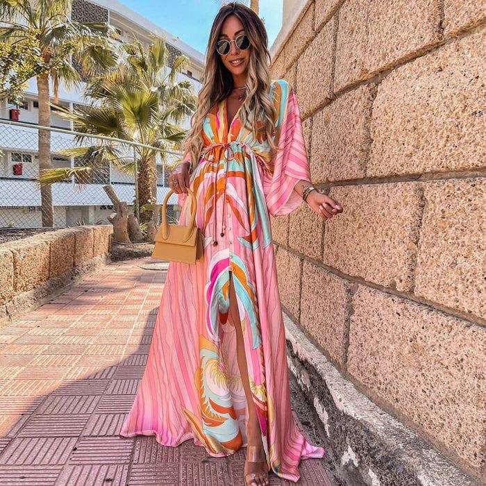 Women's Printed Wrap V Neck Dress | Maxi