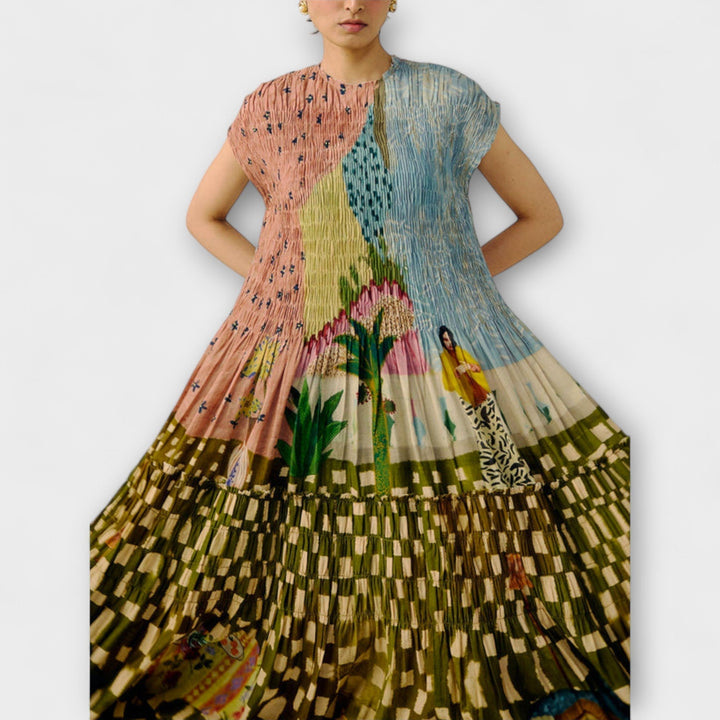 Pleated Dress with Animal Print
