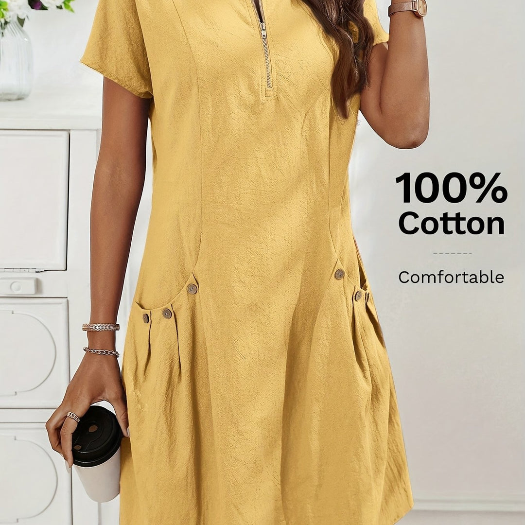 Women's Short Sleeves Zip Neck Summer Casual Dress