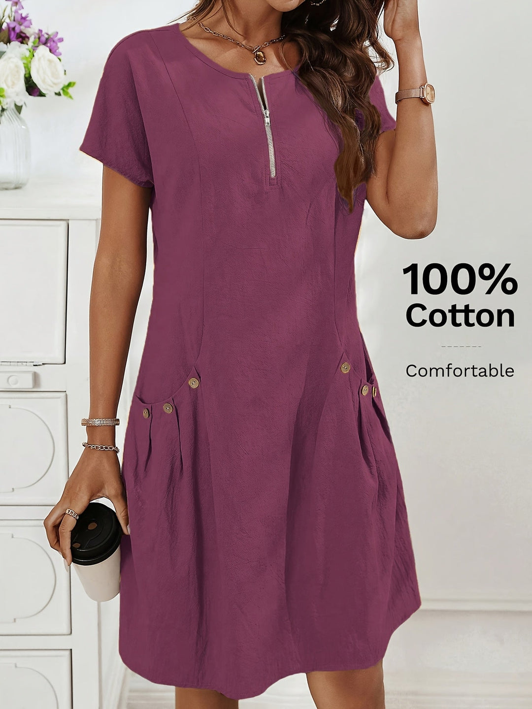 Women's Short Sleeves Zip Neck Summer Casual Dress