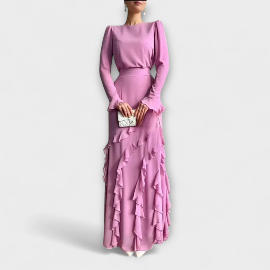 Slim Fit Long Dress with Three-Dimensional Ruffles