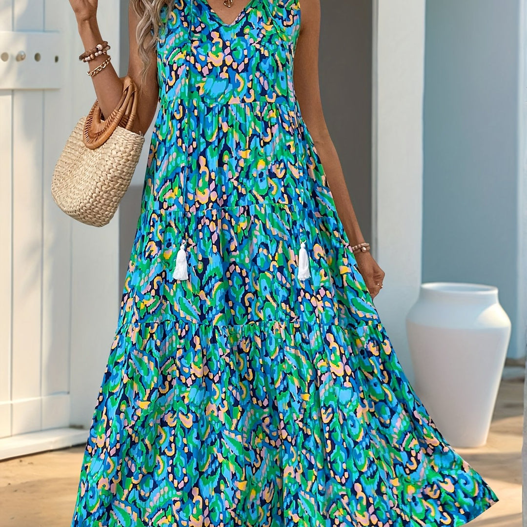 Women's Flared Tie Neck Bohemian Printed Dress