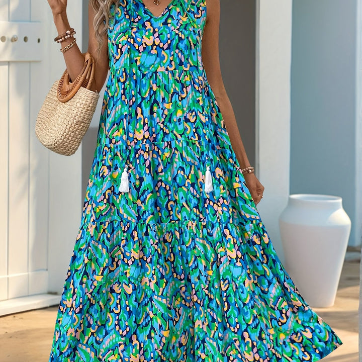 Women's Flared Tie Neck Bohemian Printed Dress