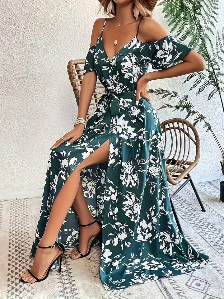 Women's Belt Waist High Slit Floral Print Dress