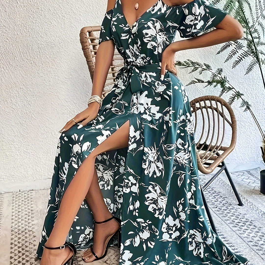 Women's Belt Waist High Slit Floral Print Dress