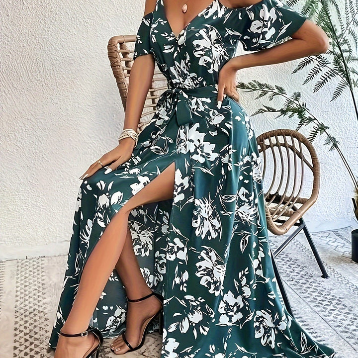 Women's Belt Waist High Slit Floral Print Dress