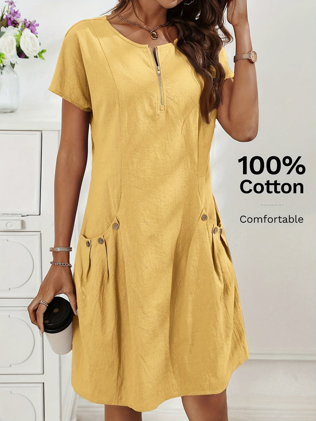 Women's Short Sleeves Zip Neck Summer Casual Dress