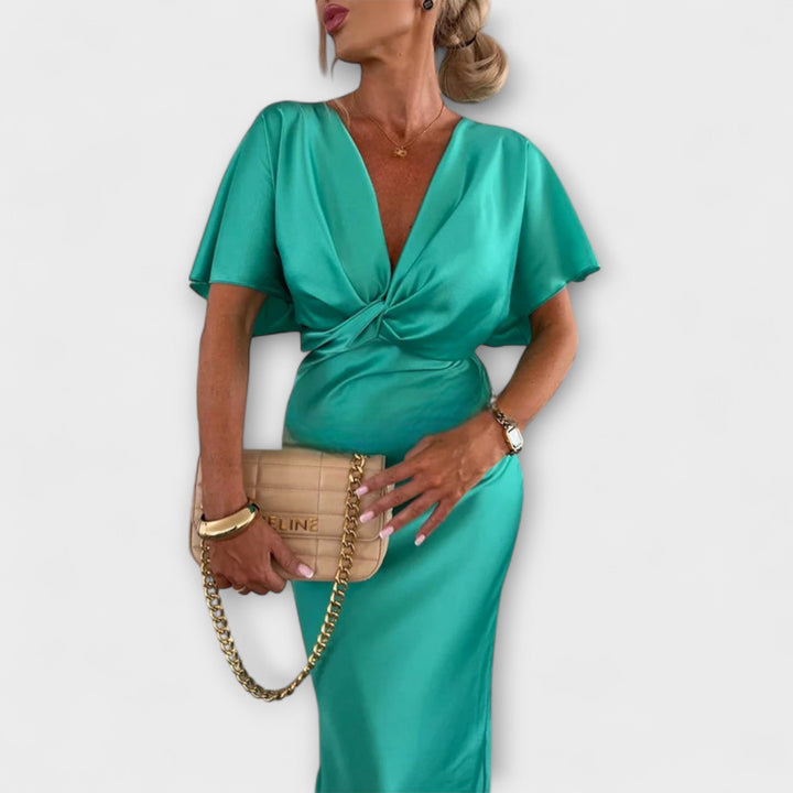 Solid Satin V-Neck Cross Knot Slim Fit Maxi Dress