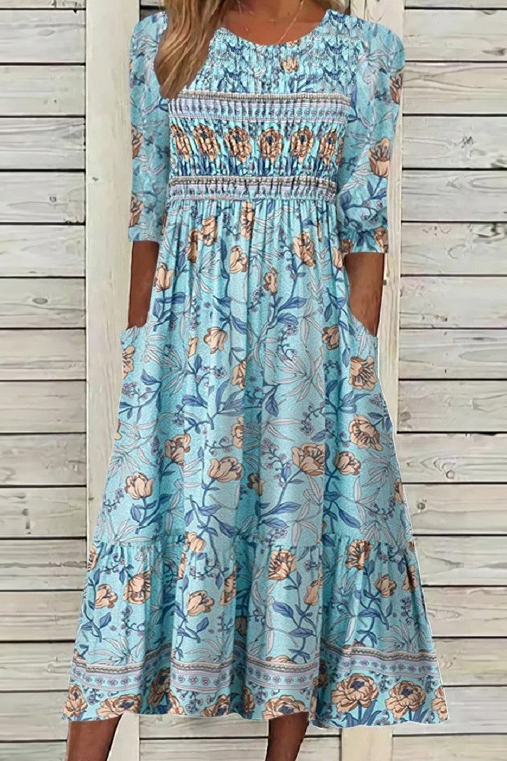 Women's Floral Print Flared Dress | 3/4 Sleeves