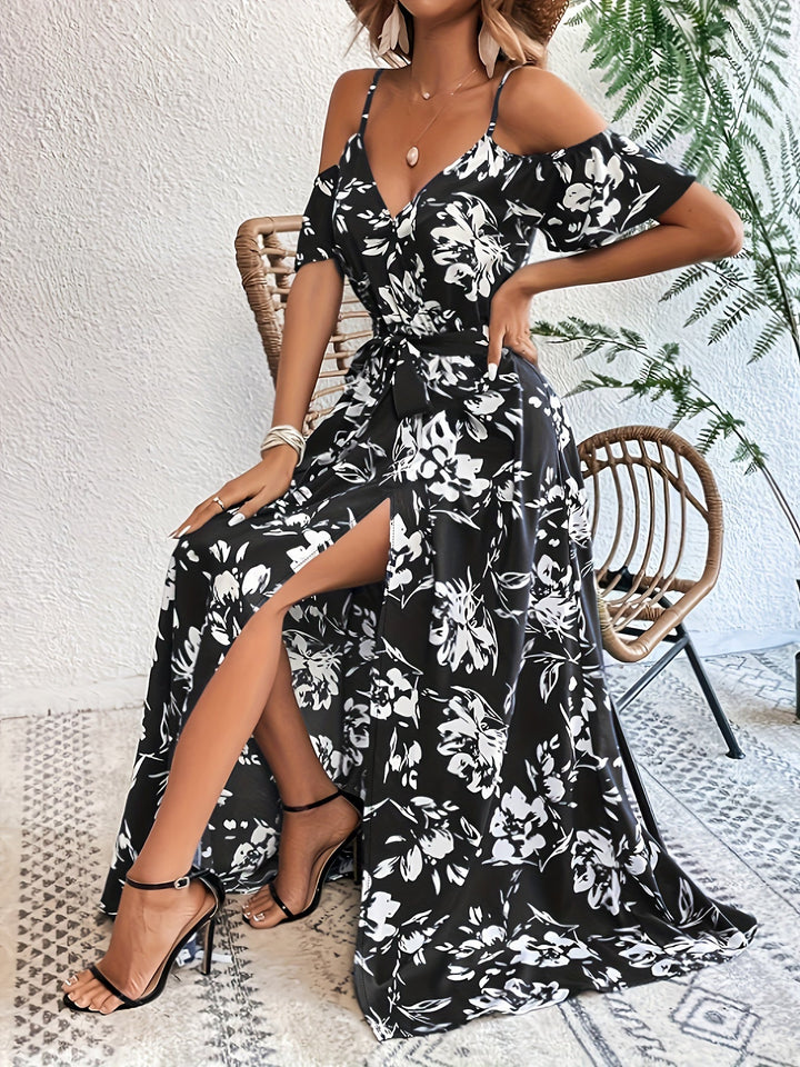 Women's Belt Waist High Slit Floral Print Dress