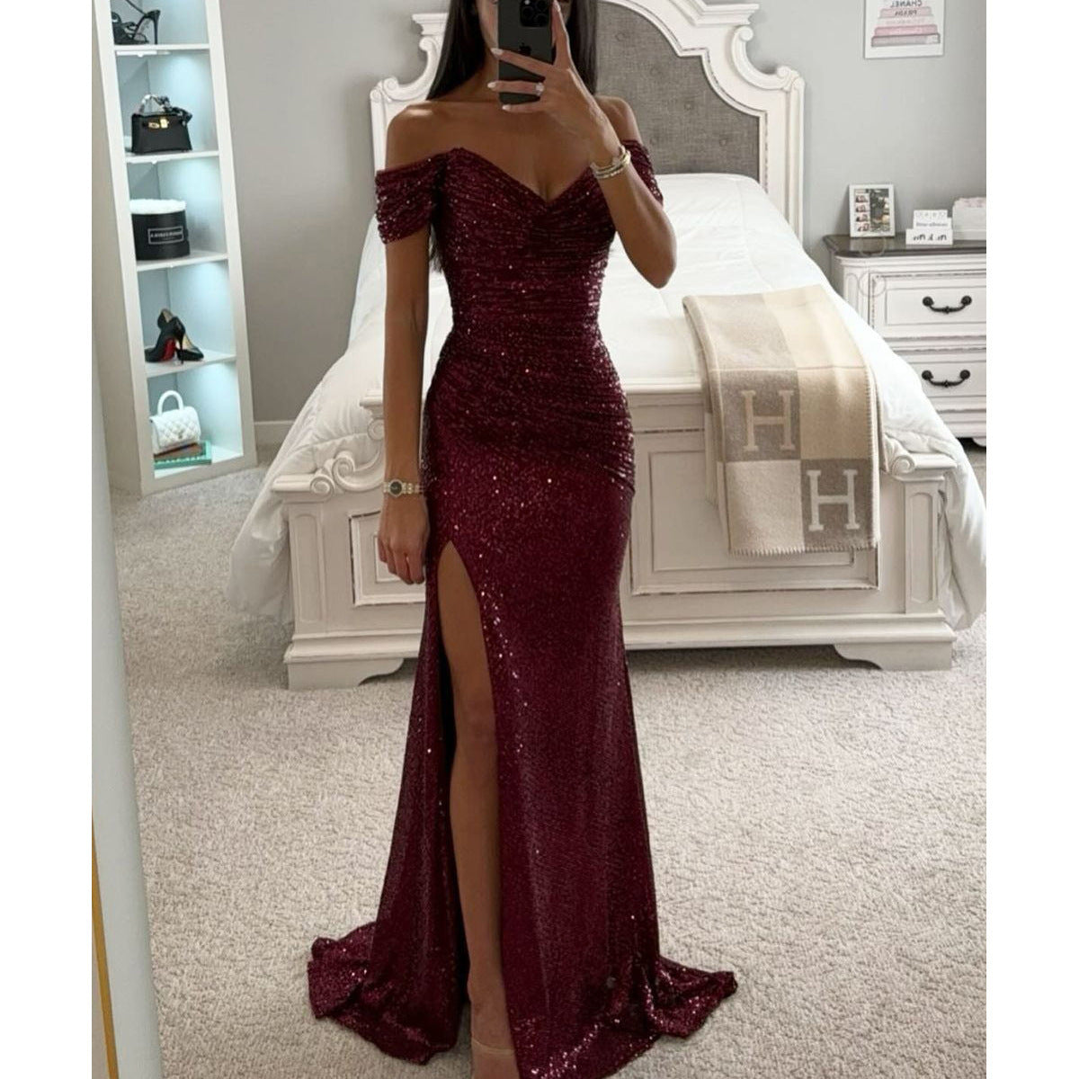 Women's Off Shoulder Wedding Guest Dress with High Slit | Maxi