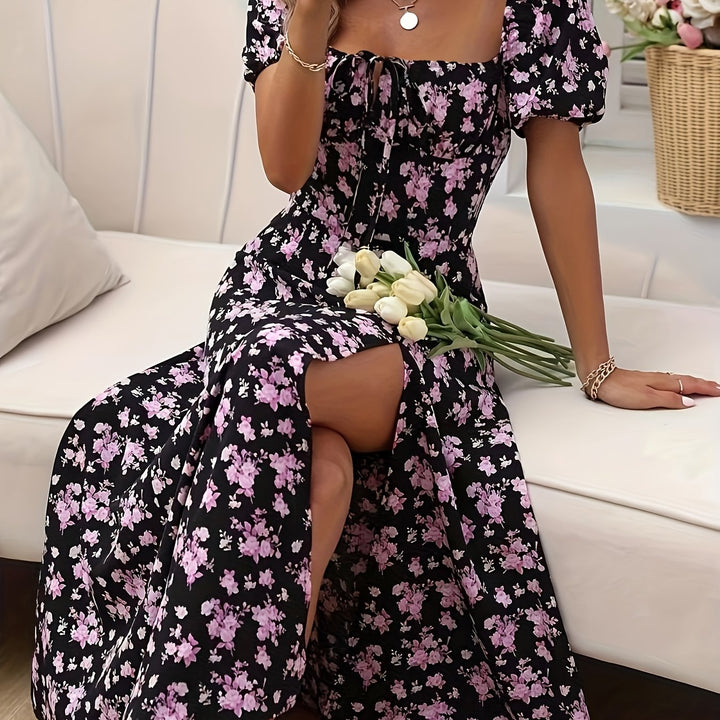 Women's Square Neck Floral Printed High Slit Dress