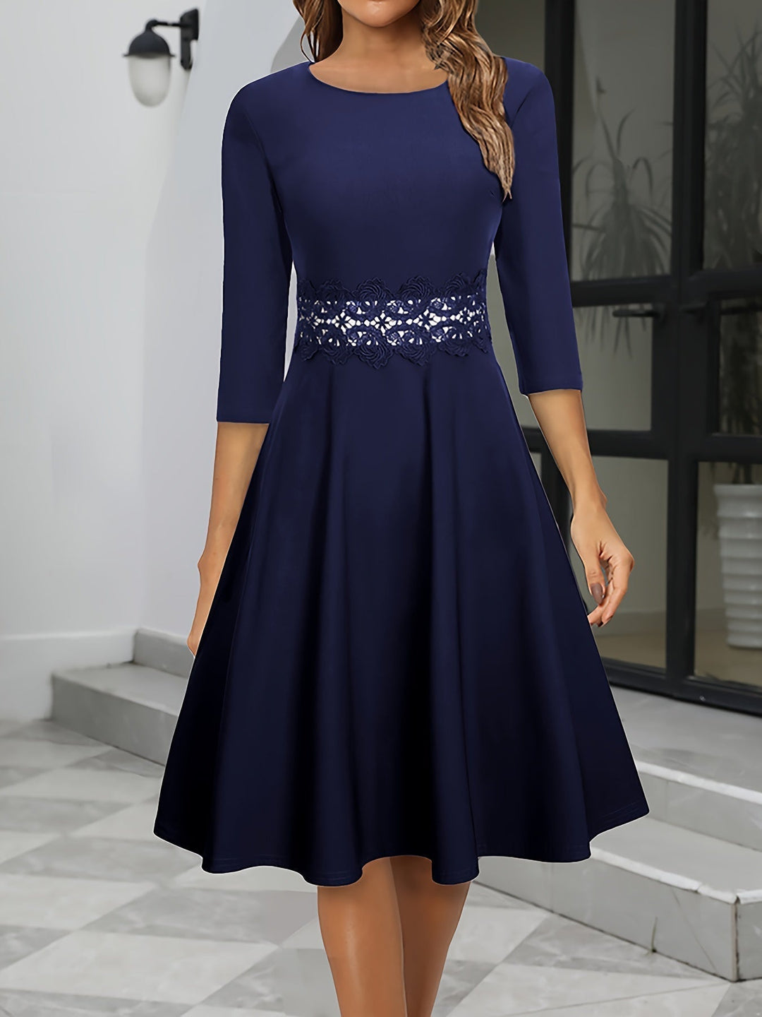 Women's Vintage A-Line 3/4 Sleeve Midi Evening Dress | Round Neck