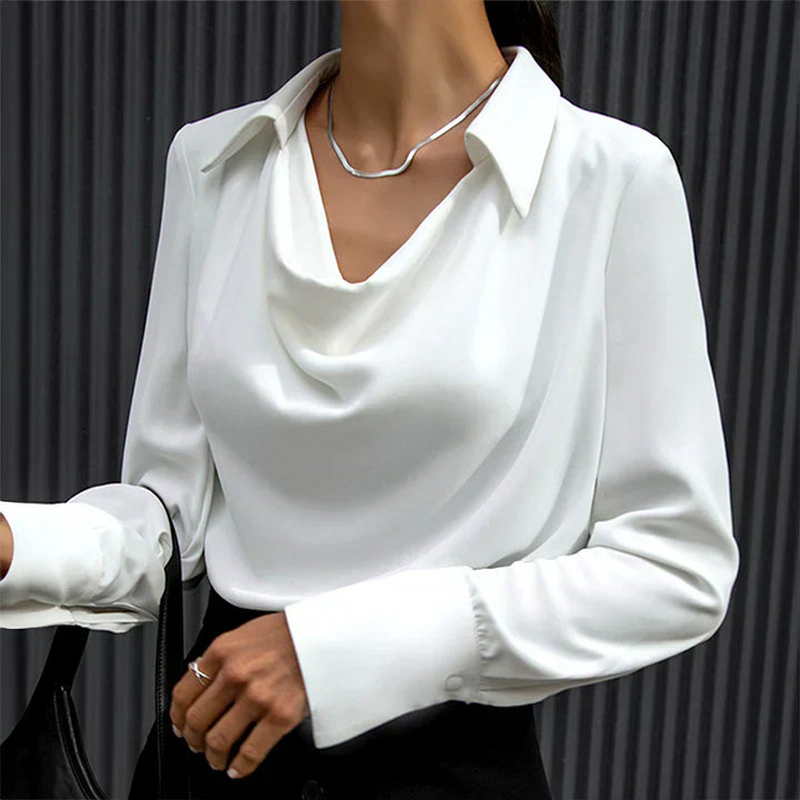 Samantha | Women’s Drape Neck Long Sleeve Satin Blouses