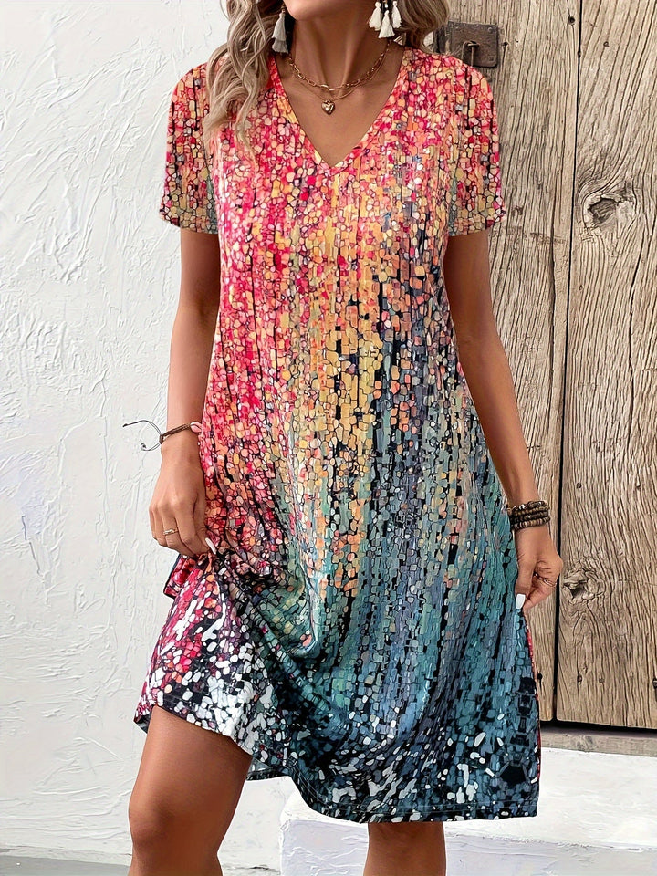 Women's Multicolor V Neck Short Sleeves Summer Dress | Mini
