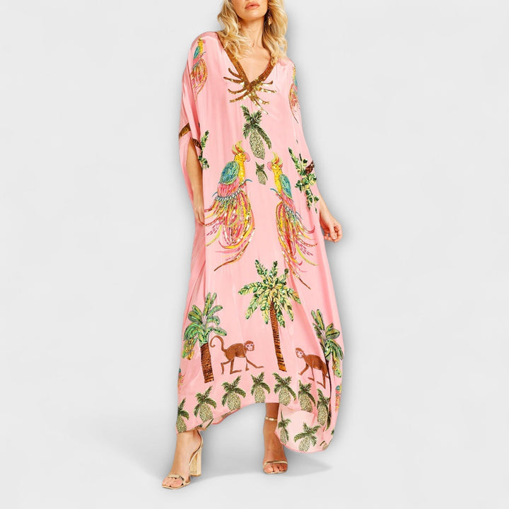 Eye-catching Dress with Asymmetrical Shoulders and Coconut Tree Print