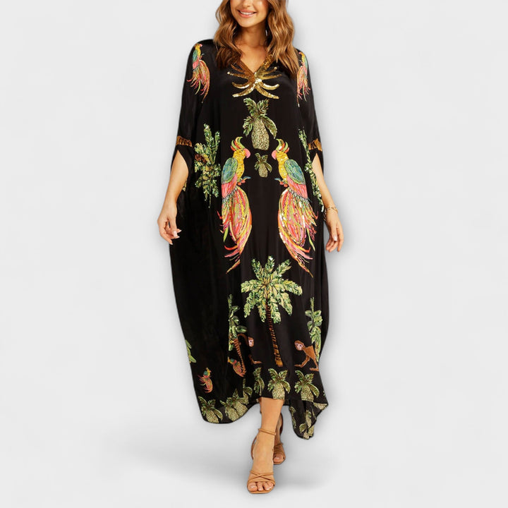 Eye-catching Dress with Asymmetrical Shoulders and Coconut Tree Print