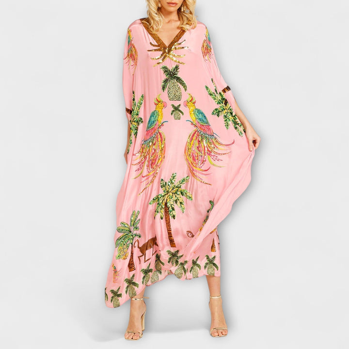 Eye-catching Dress with Asymmetrical Shoulders and Coconut Tree Print