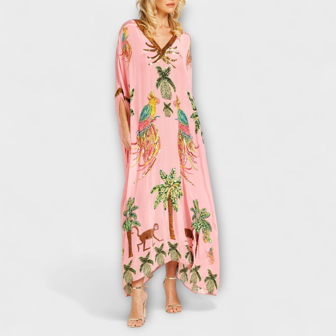Eye-catching Dress with Asymmetrical Shoulders and Coconut Tree Print