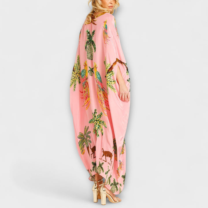 Eye-catching Dress with Asymmetrical Shoulders and Coconut Tree Print