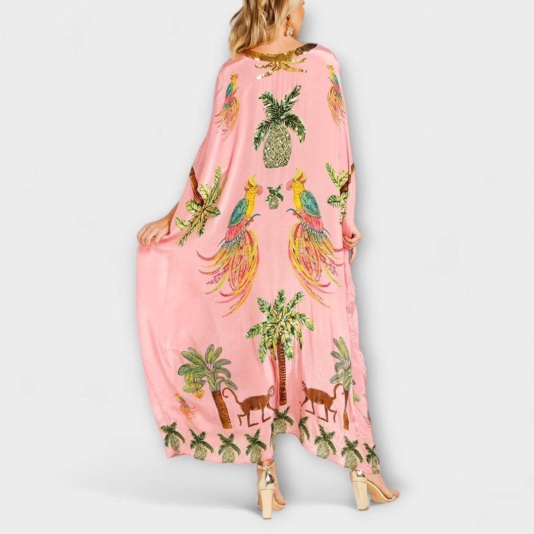 Eye-catching Dress with Asymmetrical Shoulders and Coconut Tree Print