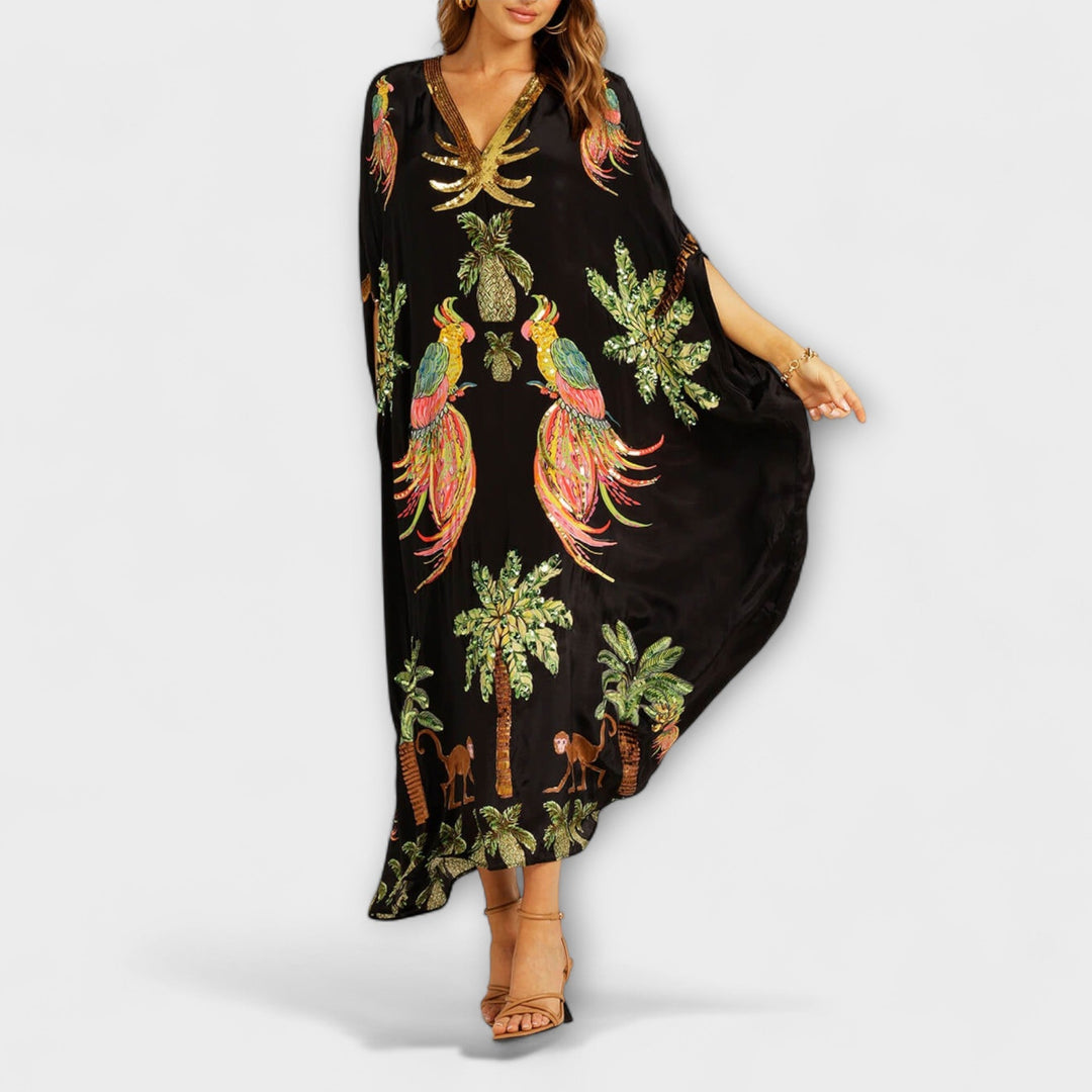 Eye-catching Dress with Asymmetrical Shoulders and Coconut Tree Print