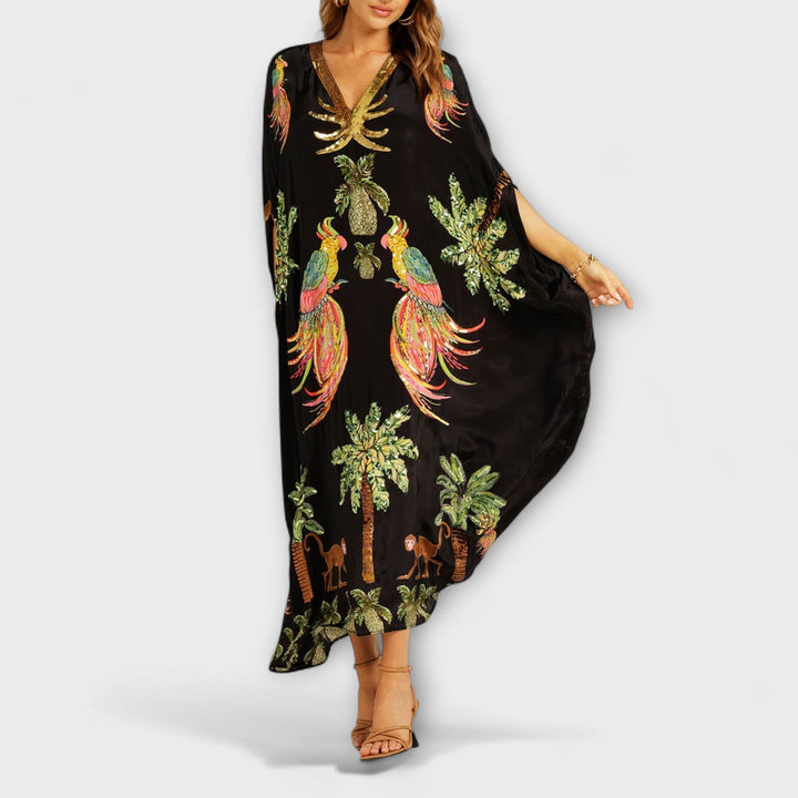 Eye-catching Dress with Asymmetrical Shoulders and Coconut Tree Print