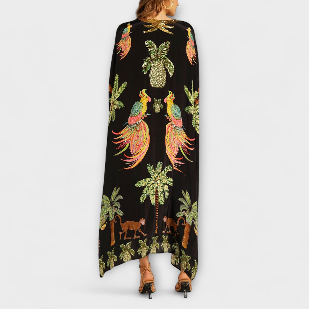 Eye-catching Dress with Asymmetrical Shoulders and Coconut Tree Print