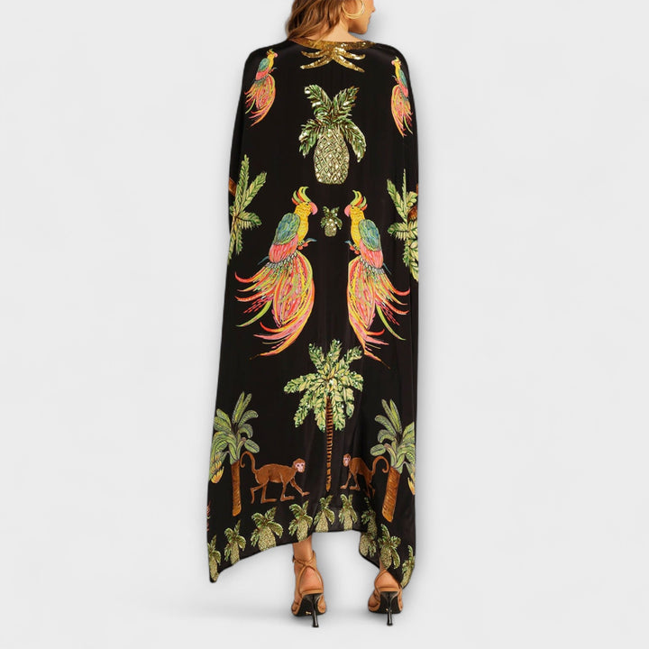 Eye-catching Dress with Asymmetrical Shoulders and Coconut Tree Print