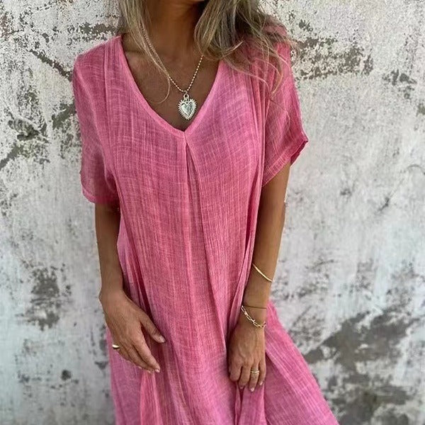 Women's V-Neck Summer Midi Dress | Short Sleeve