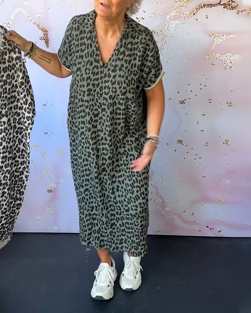 Short-Sleeved V-Neck Leopard Print Dress