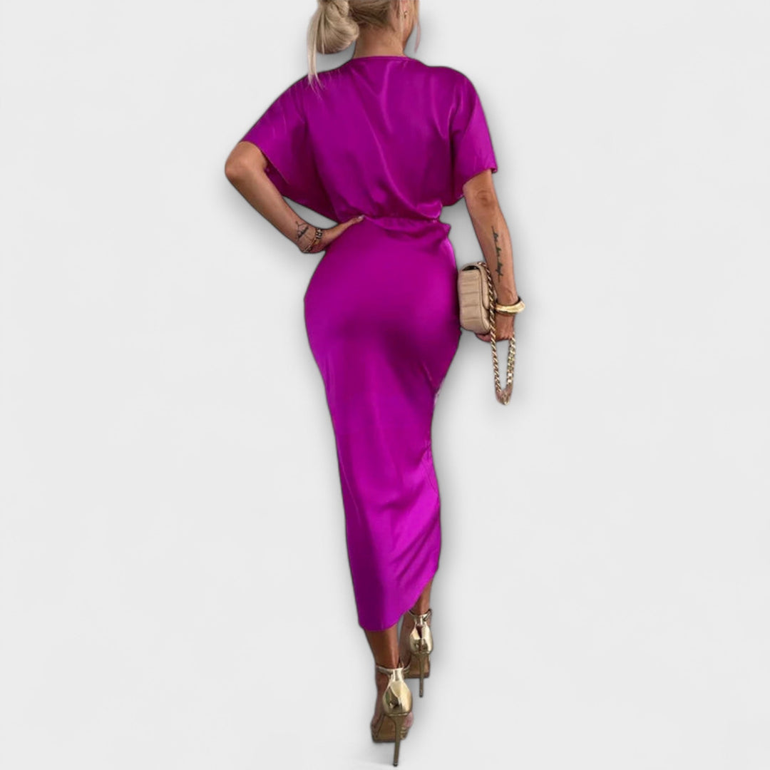 Solid Satin V-Neck Cross Knot Slim Fit Maxi Dress
