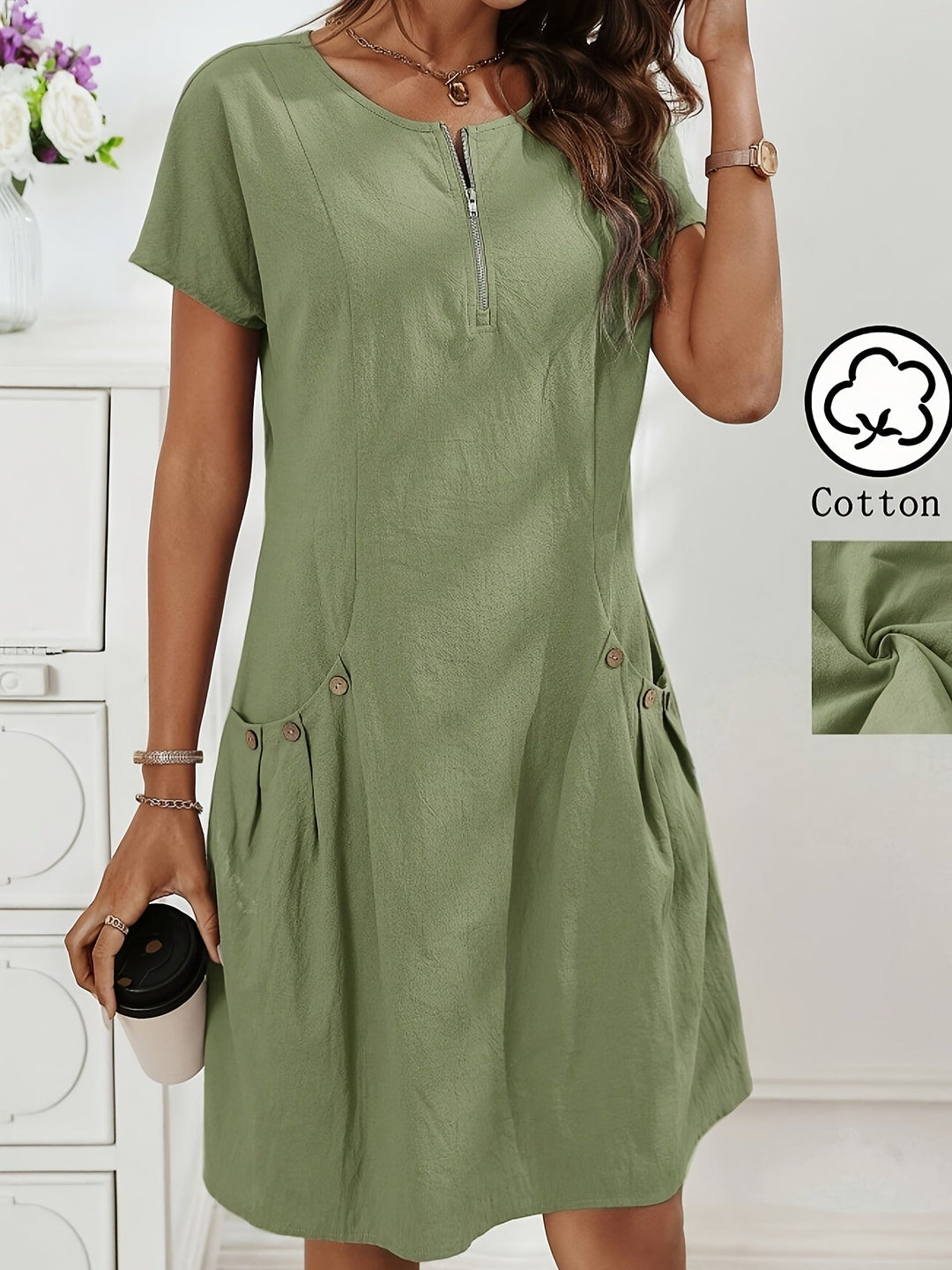 Women's Short Sleeves Zip Neck Summer Casual Dress