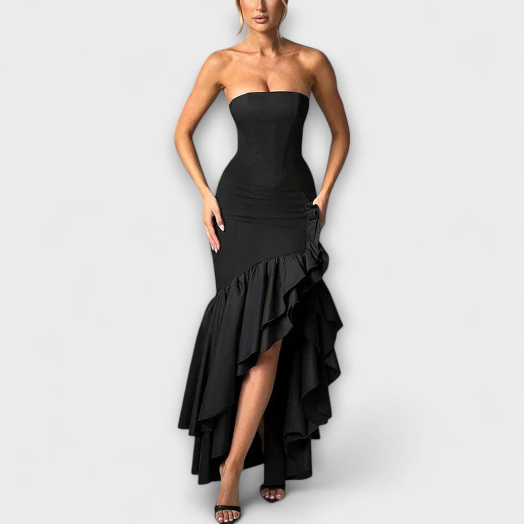 Off-Shoulder Slim Fit Maxi Dress with Asymmetrical Hem