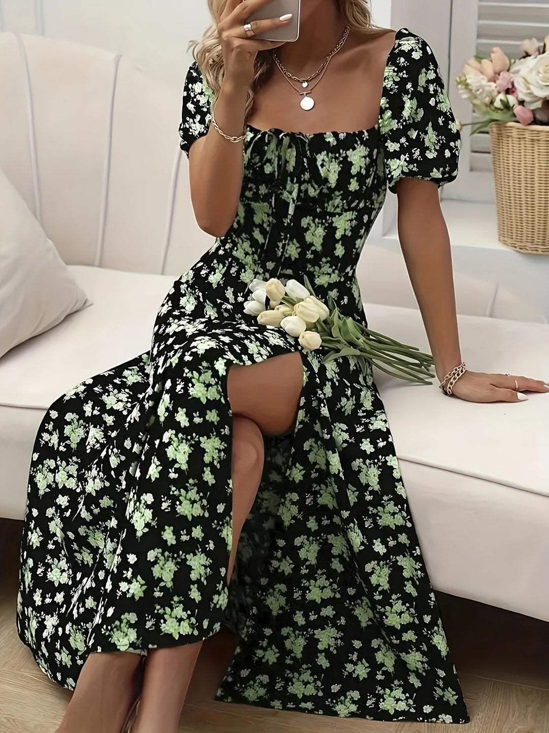 Women's Square Neck Floral Printed High Slit Dress