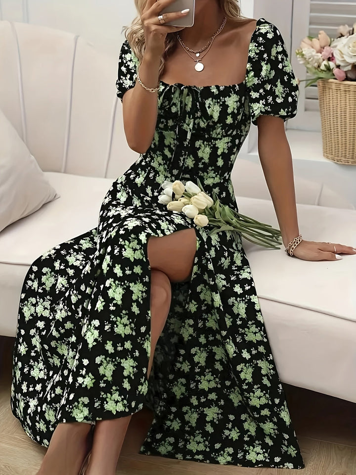 Women's Square Neck Floral Printed High Slit Dress