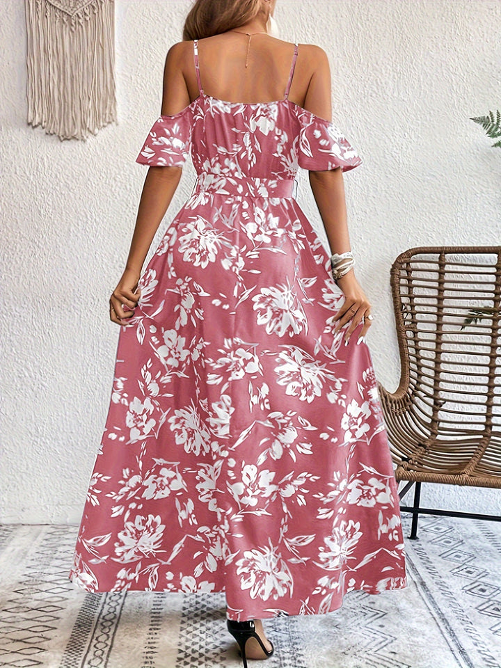 Women's Belt Waist High Slit Floral Print Dress
