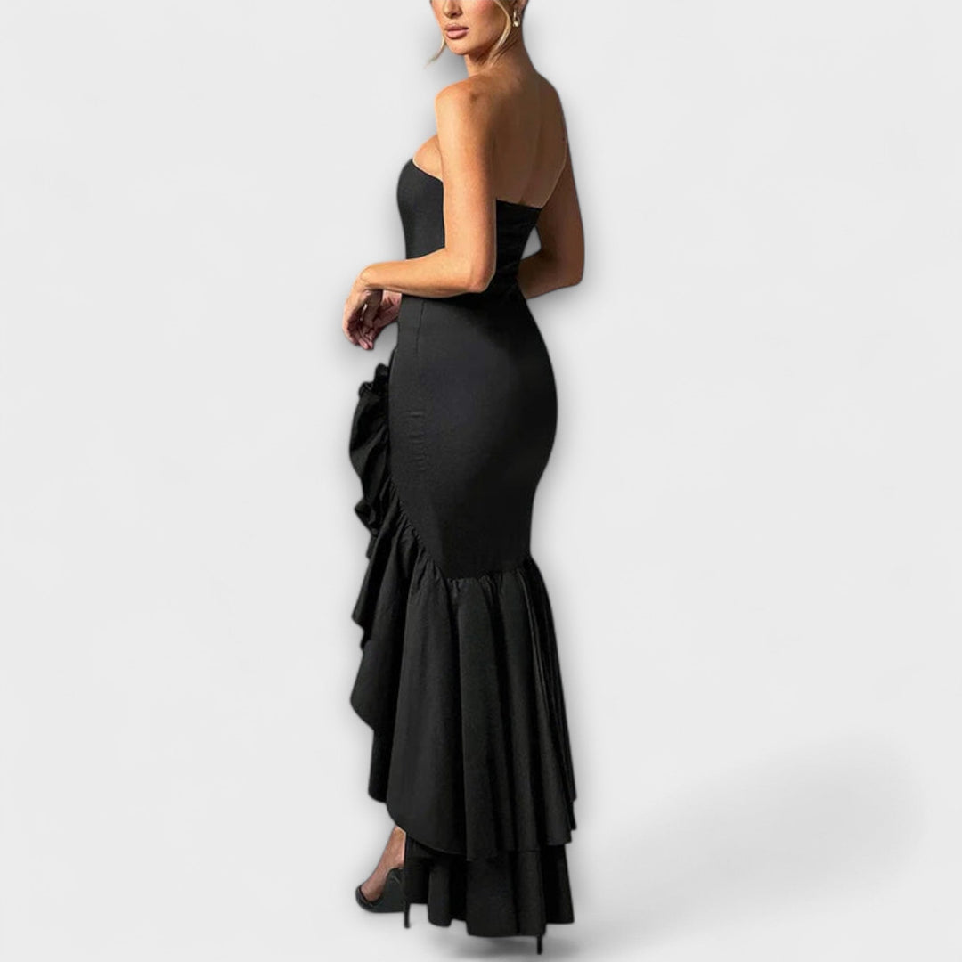 Off-Shoulder Slim Fit Maxi Dress with Asymmetrical Hem