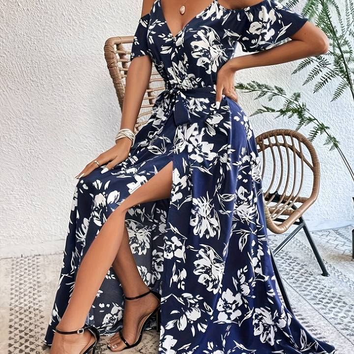 Women's Belt Waist High Slit Floral Print Dress
