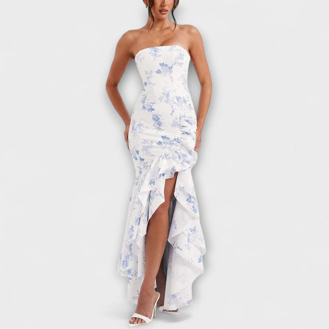 Off-Shoulder Slim Fit Maxi Dress with Asymmetrical Hem