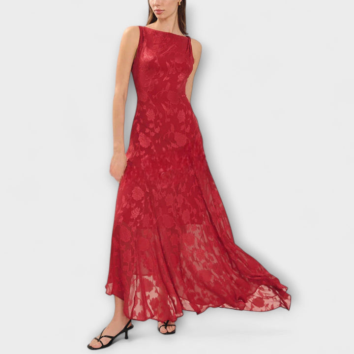 Elegant Backless Lace-Up Jacquard Maxi Dress