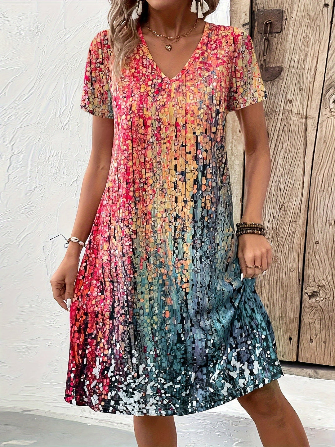 Women's Multicolor V Neck Short Sleeves Summer Dress | Mini