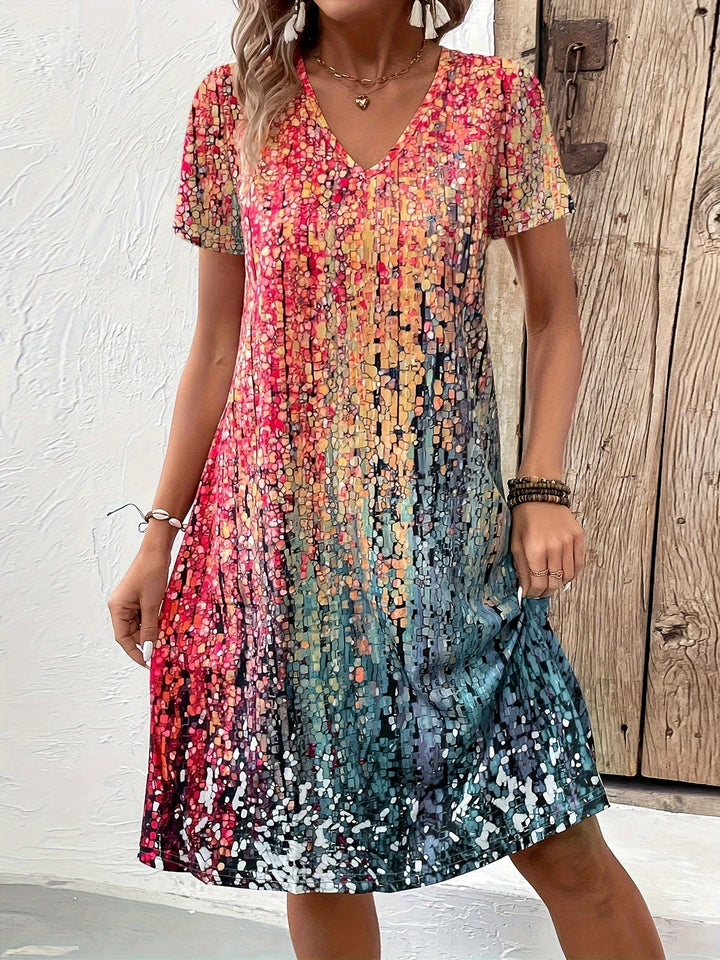 Women's Multicolor V Neck Short Sleeves Summer Dress | Mini