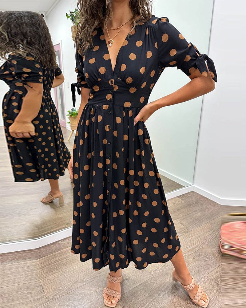 Women's 3/4 Sleeves V-Neck Polka Dot Flared Dress | Midi