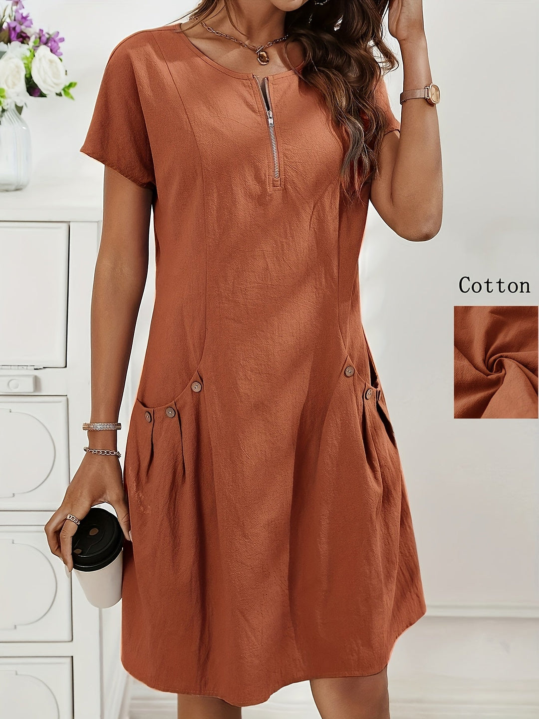 Women's Short Sleeves Zip Neck Summer Casual Dress