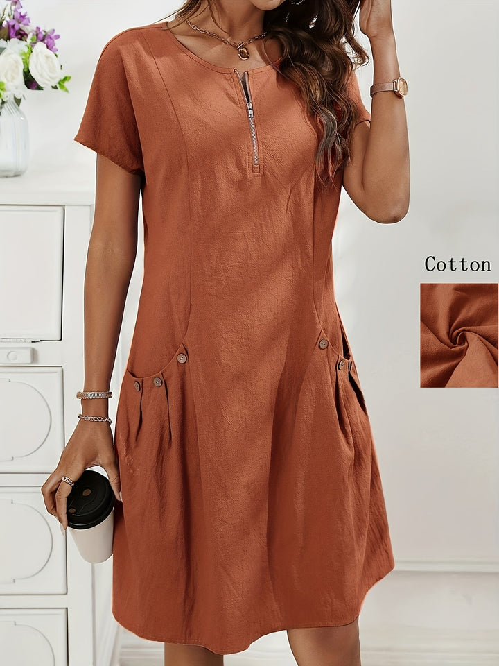 Women's Short Sleeves Zip Neck Summer Casual Dress