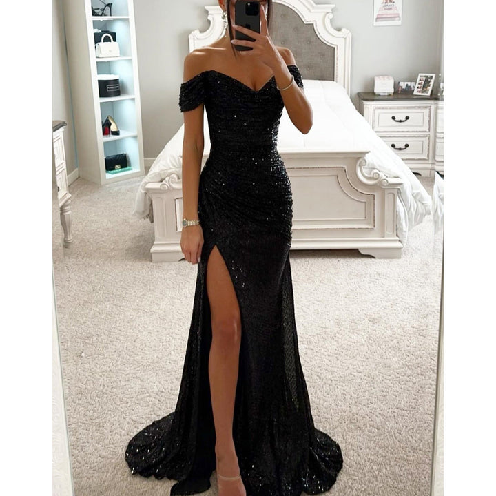 Women's Off Shoulder Wedding Guest Dress with High Slit | Maxi