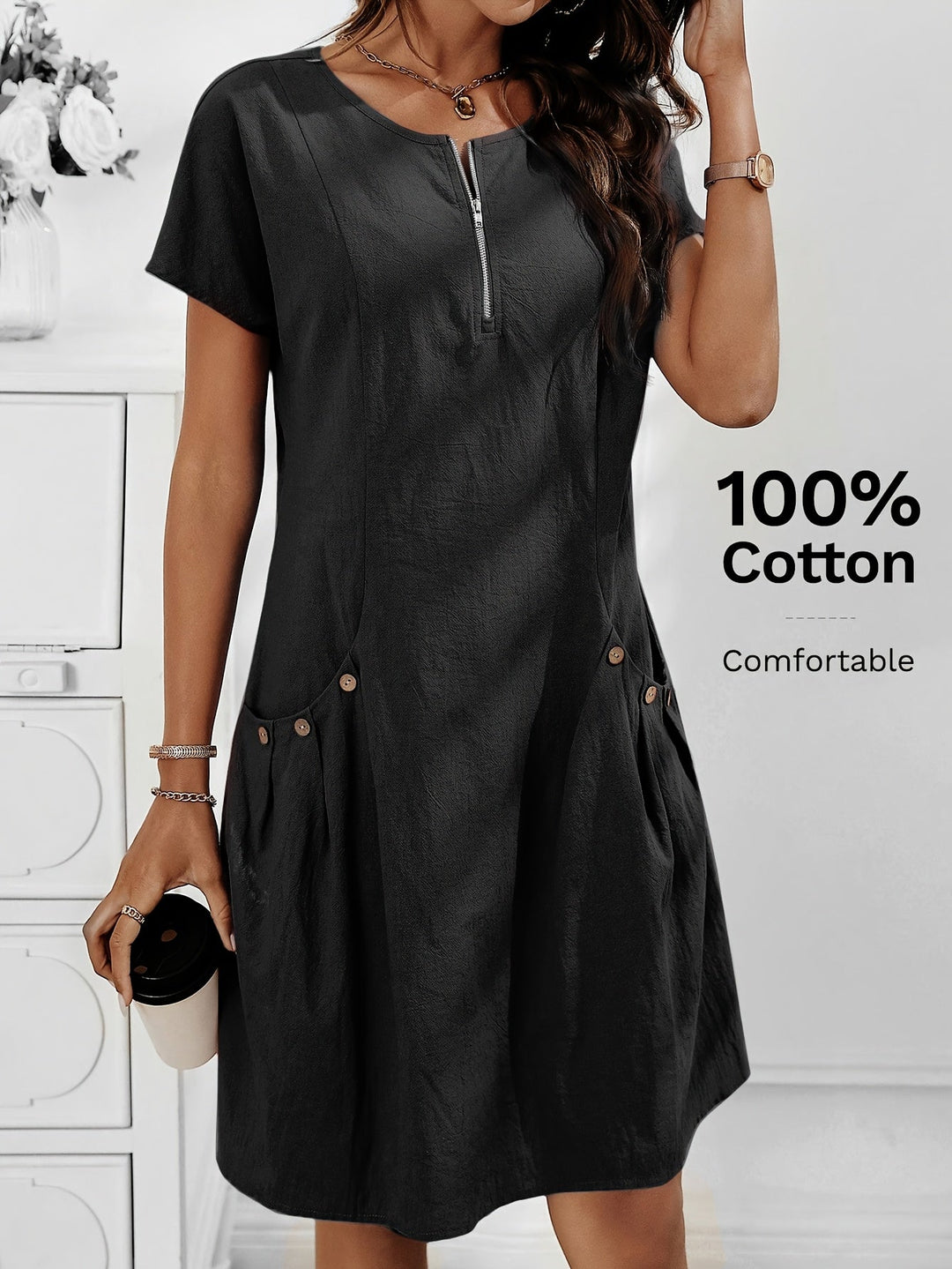 Women's Short Sleeves Zip Neck Summer Casual Dress